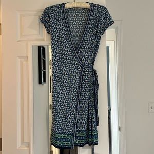 Blue and green patterned wrap dress